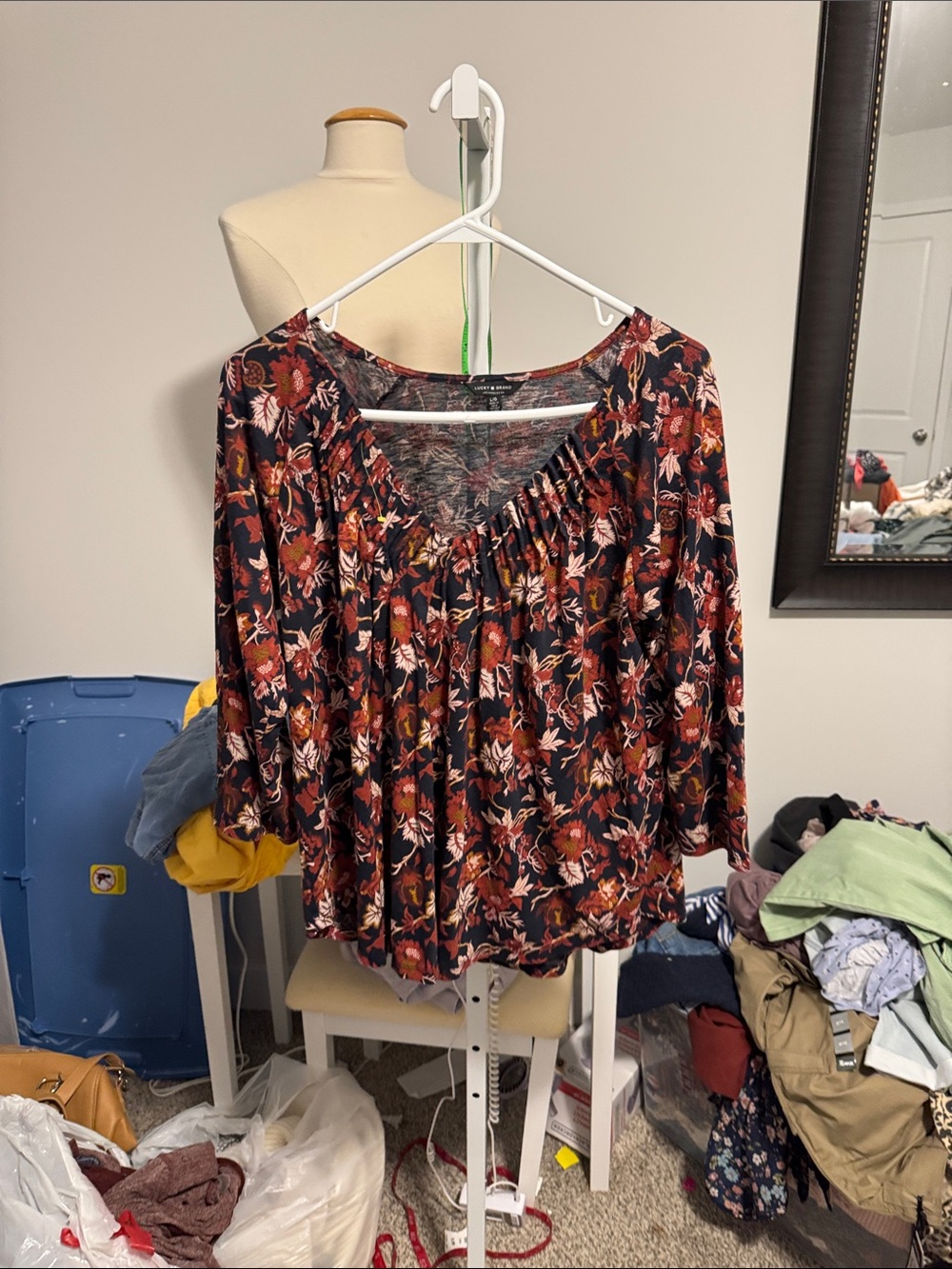 Lucky Brand Navy Floral Peasant Blouse with Rust & Cream Accents